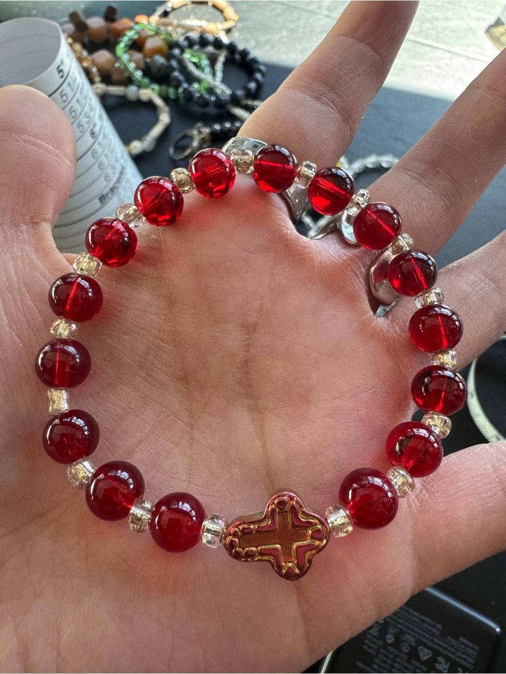 Red Glass Bead Cross Stretch Bracelet - Women Jewelry